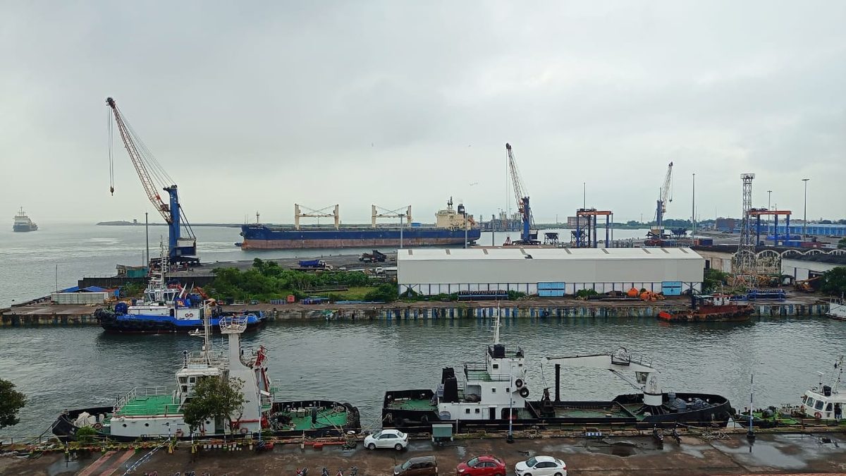 Tugboats and cranes at an Indian port dock